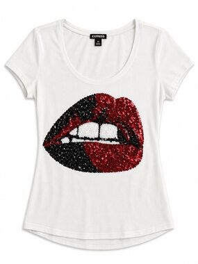 Express White Scoop Neck Tee with Red & Black Sequin Lip Graphic